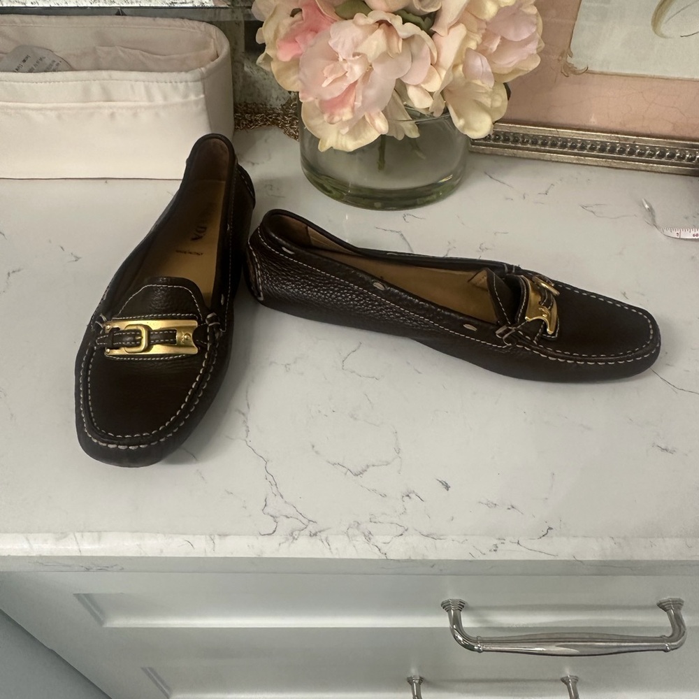 Prada Dark Brown Loafers with Gold Accent Size 38 Euro